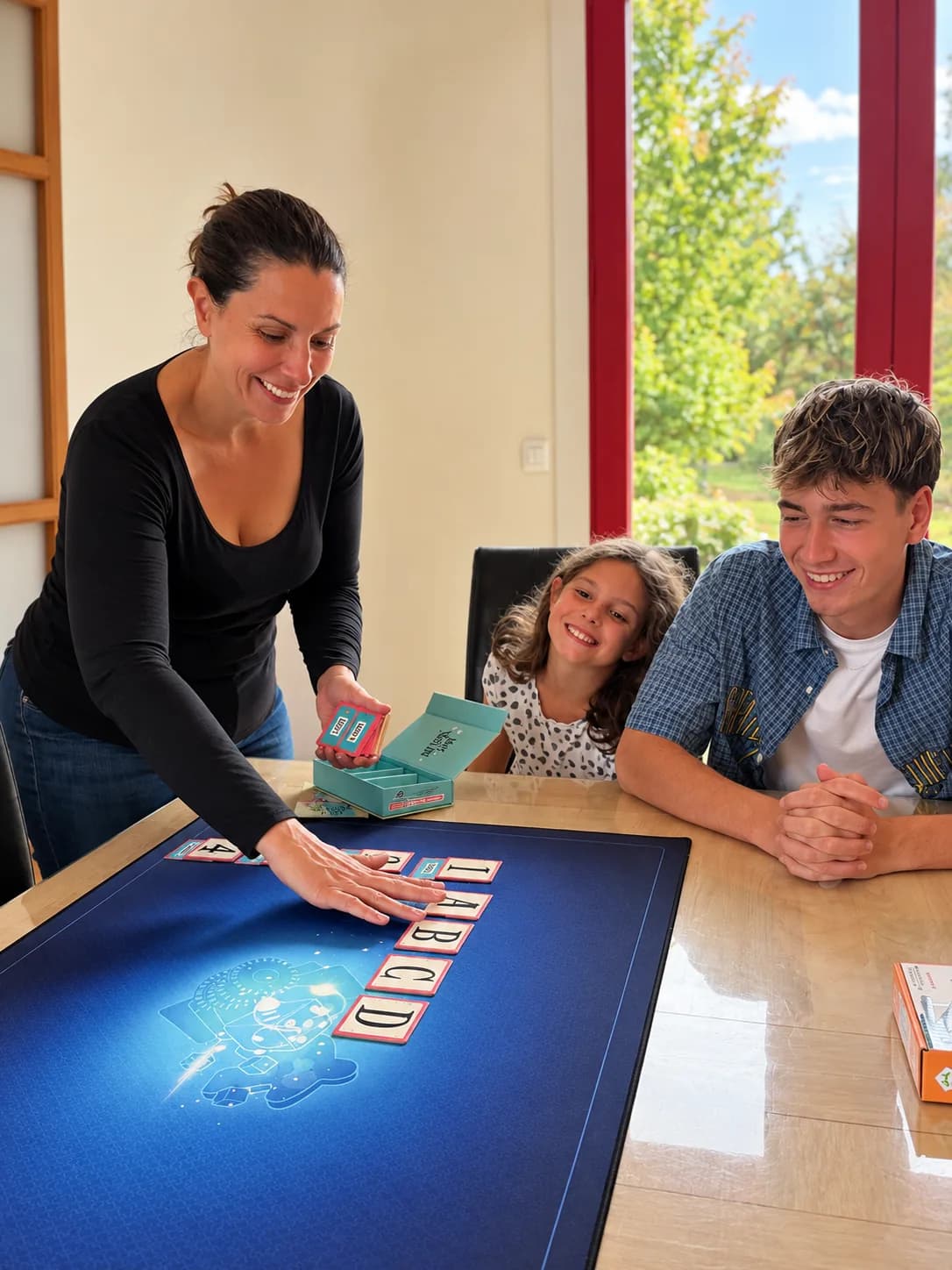 Une animatrice QuiAnim explique un jeu à une famille réunie autour de la table